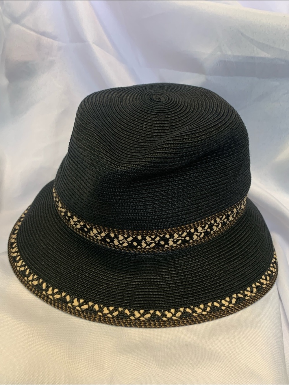 Eric Javits Black Straw Bucket Hat with Cream Accents